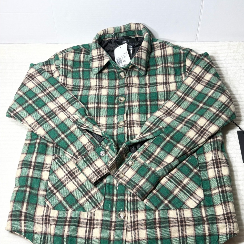 Forever 21 Green & White Plaid Wool Heavy Weight Shirt Jacket Men’s SZ Small NWT